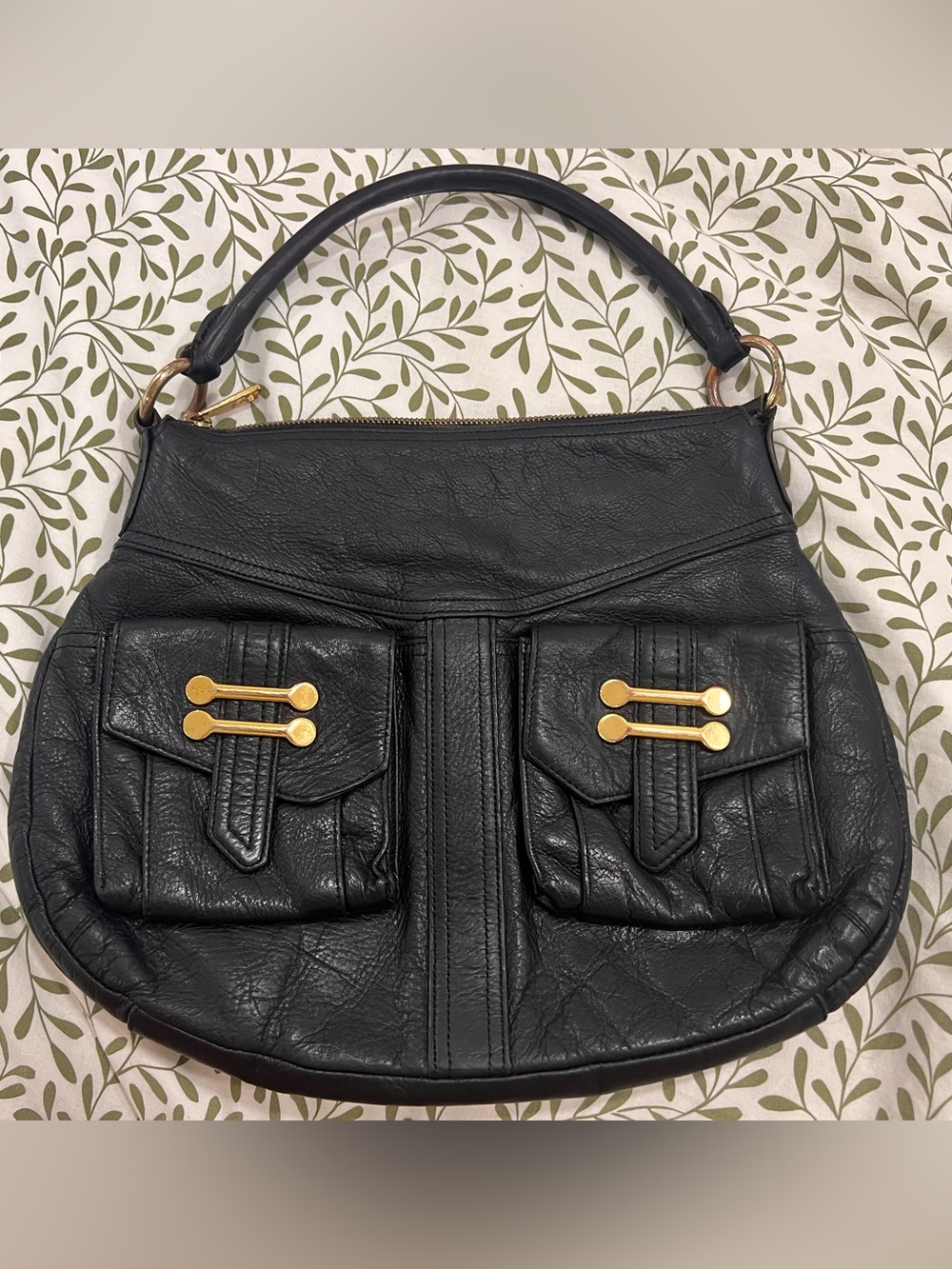 Ralph Lauren Black Leather Top-Handle Hobo Bag with Gold Hardware